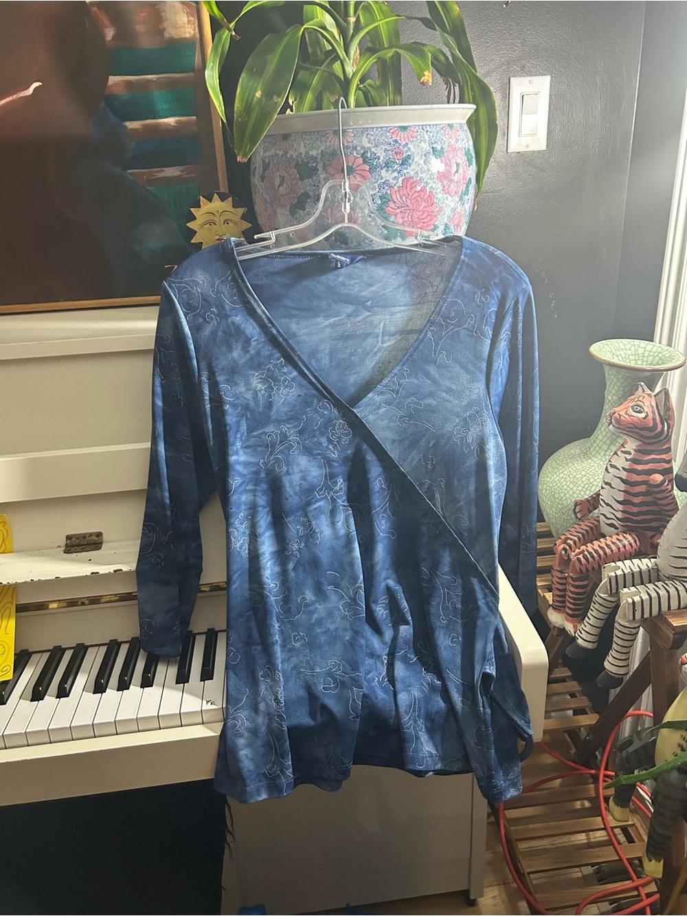 Reitmans Blue Floral Faux Wrap Top 3/4 Sleeve Y2K